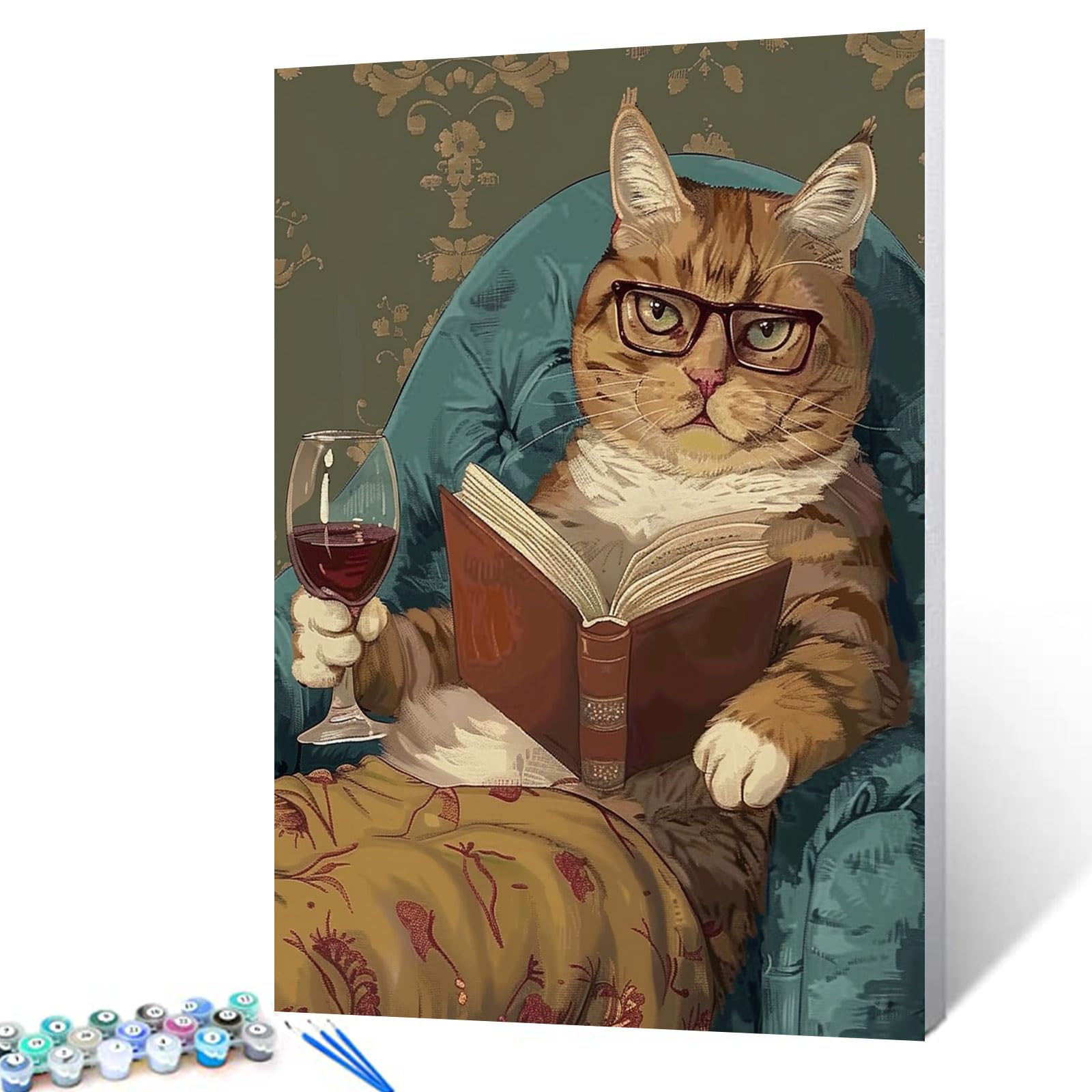 Cat Sitting on Sofa DIY Paint by Numbers for Adults Canvas Throne Cat Pet DIY Oil Painting Acrylic Retro Cat Art Decorative Painting Kit with Acrylic Paints Home Wall Decor Gift 16x20Inch DIY Frame