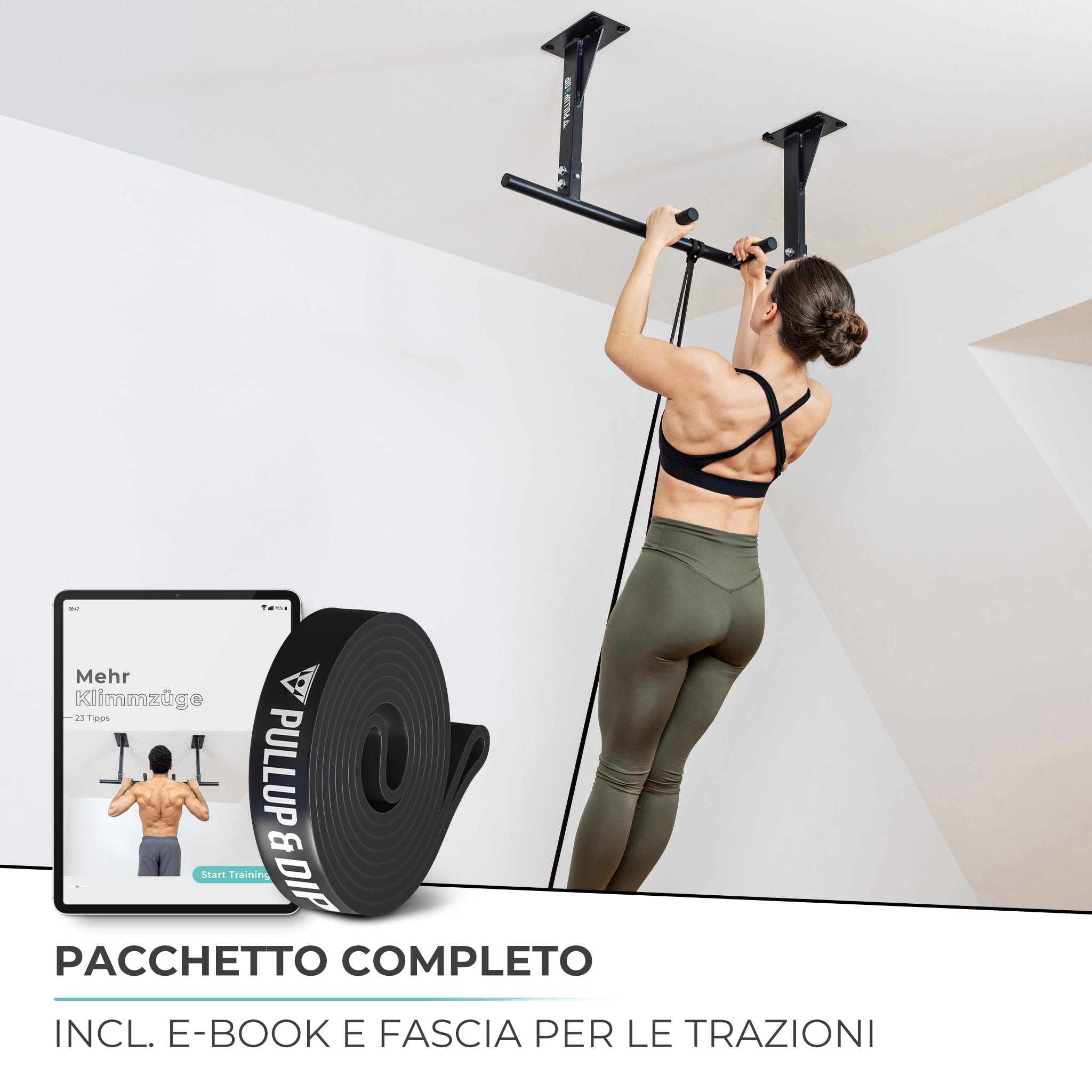 PULLUP & DIP Barra per trazioni da soffitto, portata 180 kg, impugnature antiscivolo a 5 prese per esercizi e pull-up, ideale per palestra domestica