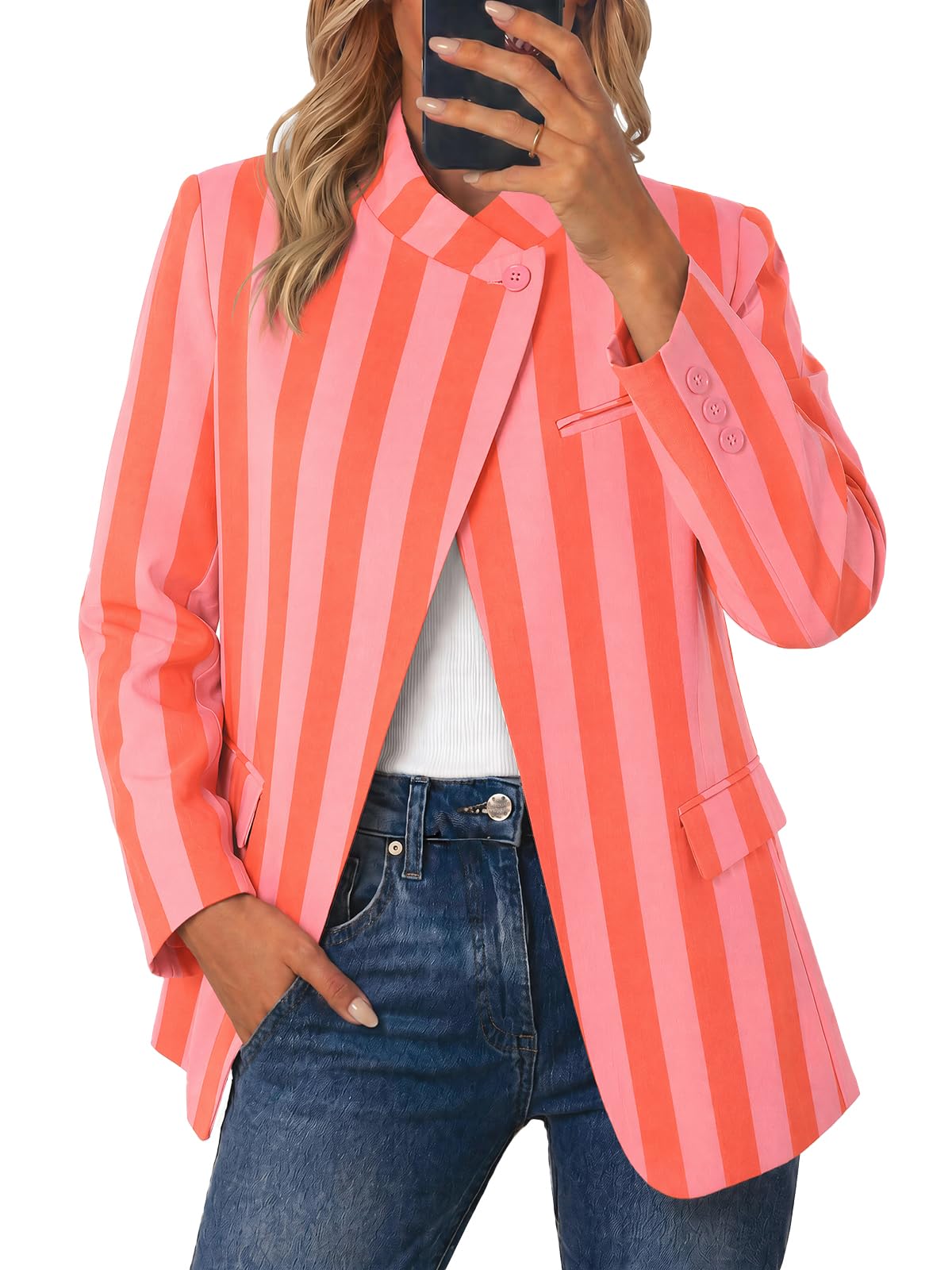 Cicy Bell Women Plaid Blazer Business Stand Collar Open Front Suit Jacket | One Button, Casual Trendy, Work Office, Fall Spring Suit Blazer, Long Sleeve Button Cuff, Front Flap Pockets, Back Split