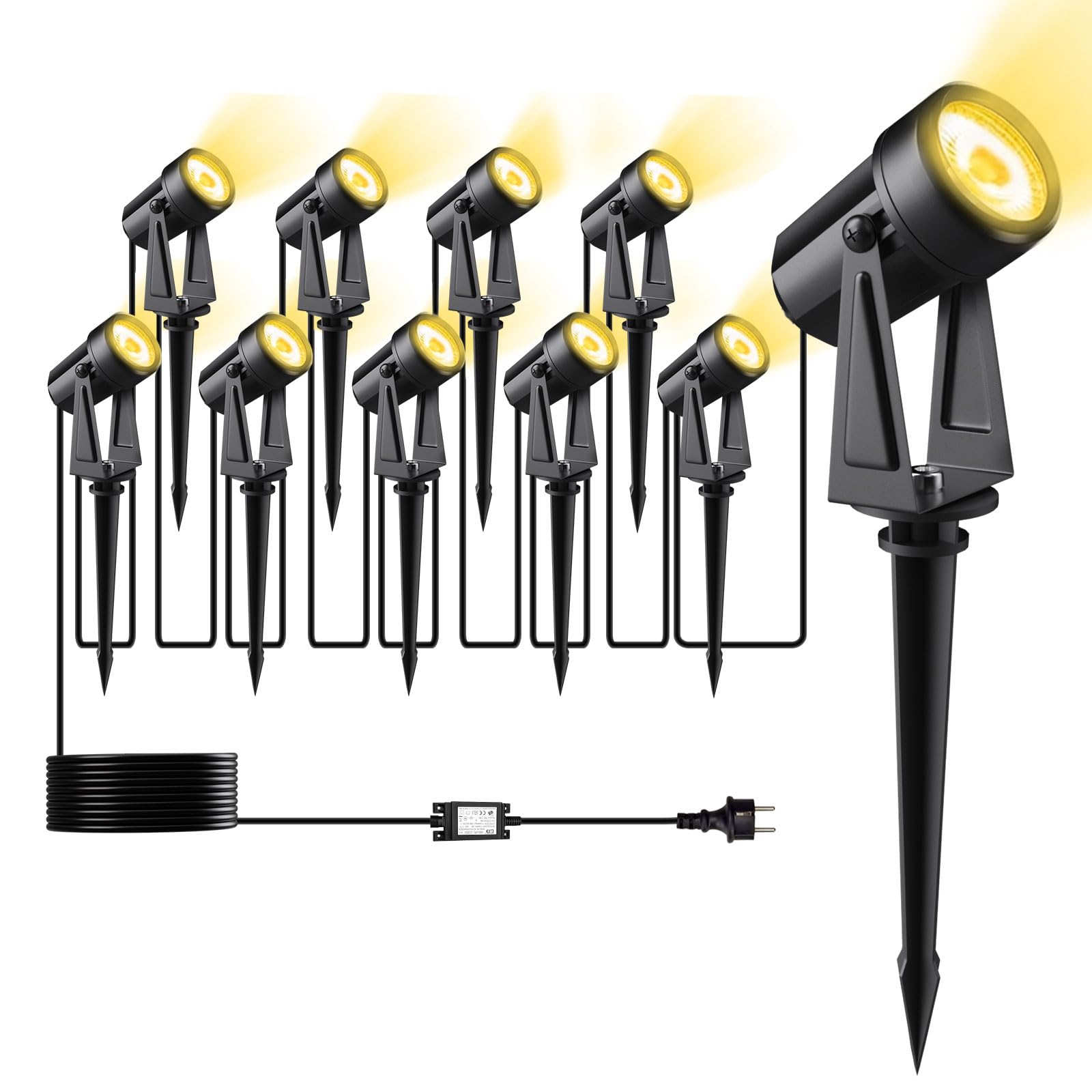 LED Gartenbeleuchtung mit Strom,32M/105FT 10er-1 Set,2000LM 2Wx10 Gartenstrahler 27V COB IP65 Wasserdichter Strahler Warmweiß mit Erdspieß für Außen Garten Yard