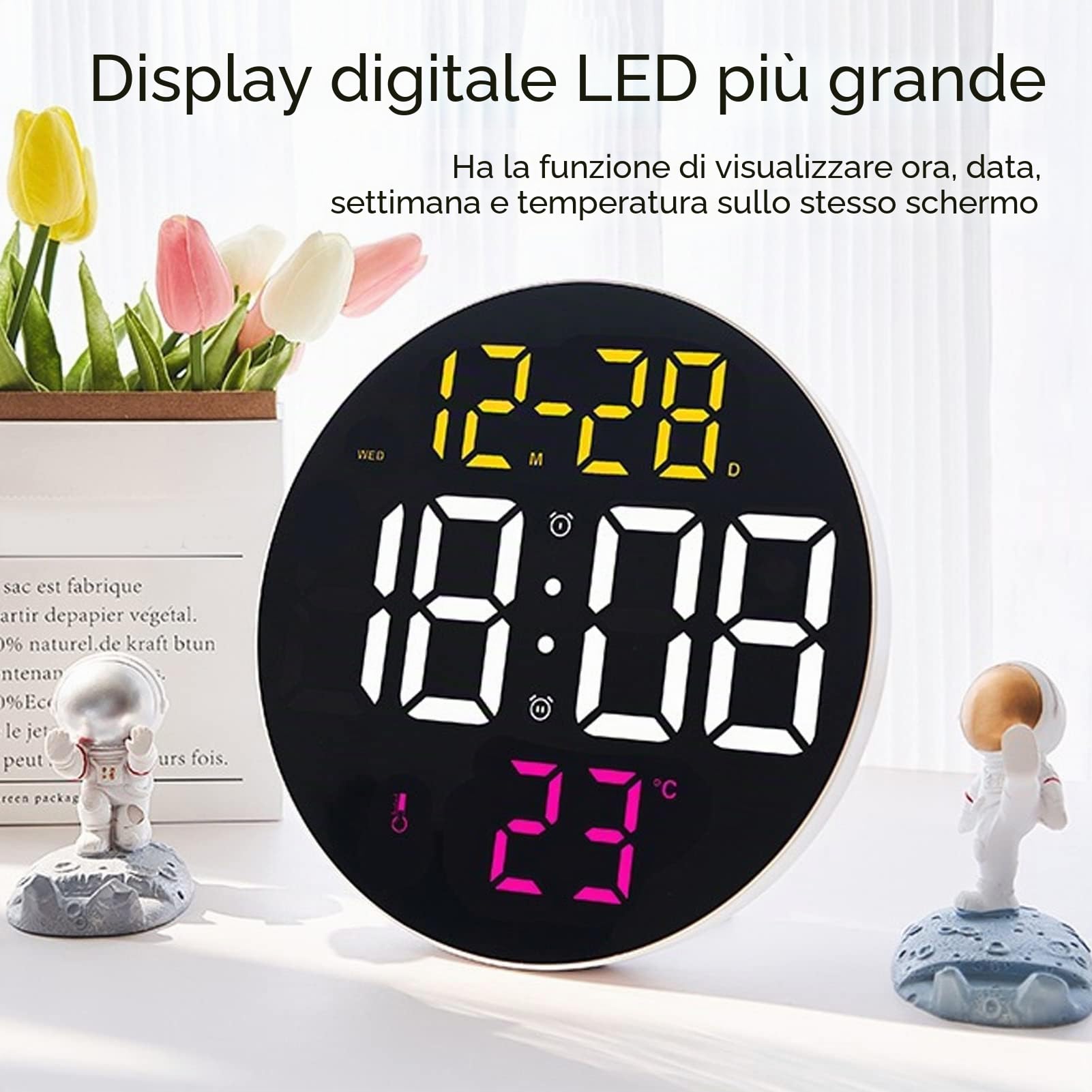 Orologio da Parete Digitale Con Display 12/24 Ore - Alimentato a Batteria e USB - Per Soggiorno