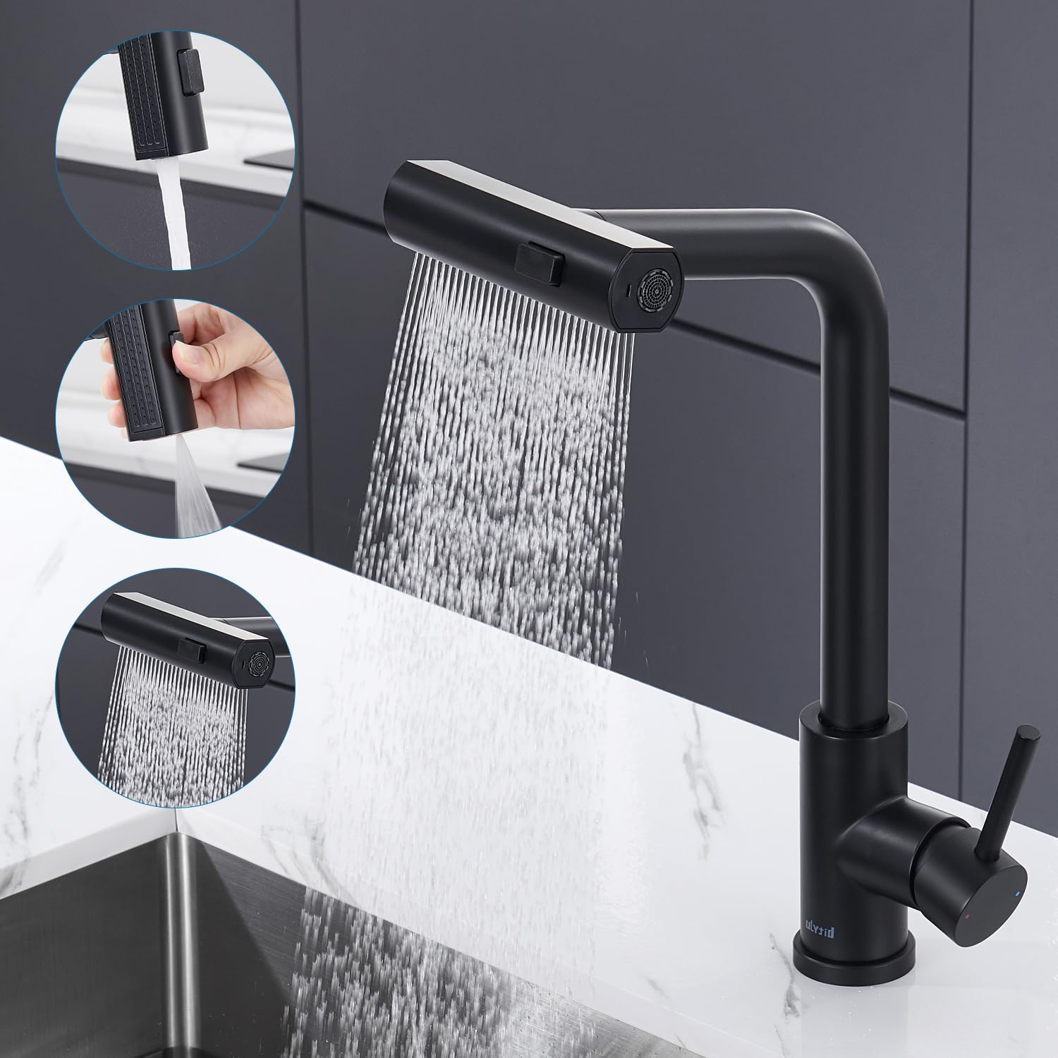 Mitigeur Cuisine Noir Cascade, Douchette Extractible 3 Modes, Robinetterie Evier Escamotable Rotatif 360° Acier Inoxydable
