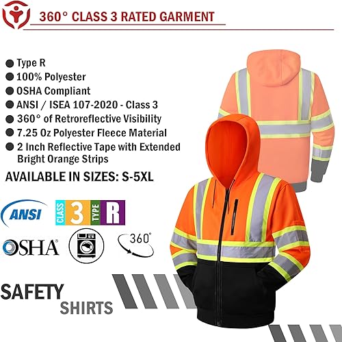 Miniatura 5 de Sudaderas con capucha de seguridad para hombre, reflectantes, clase 3, Hi Vis, chaqueta de seguridad de alta visibilidad, con bolsillo,