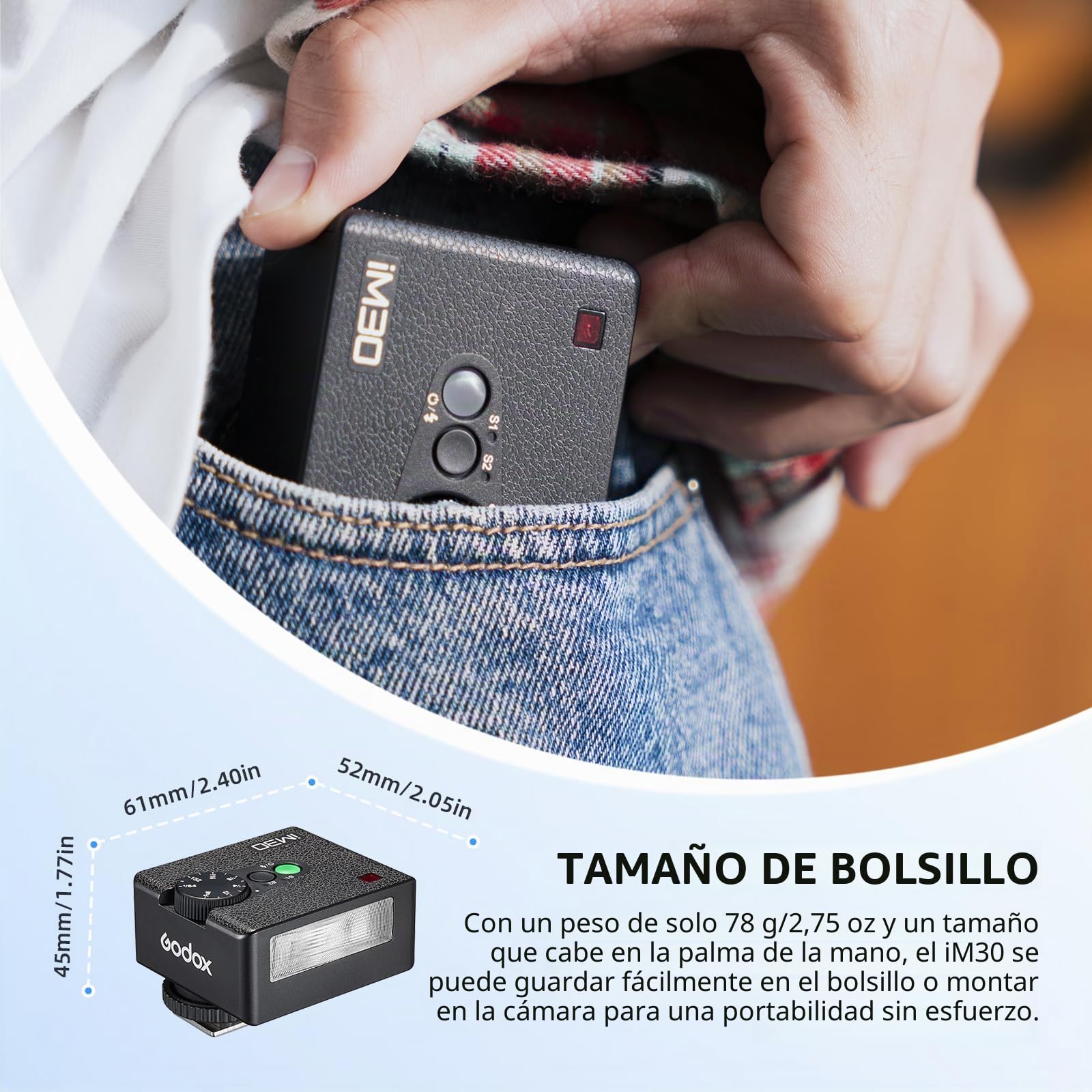 Godox iM30 Flash Mini Flash GN15 S1/S2 Control Óptico, Temperatura de Color CCT 6500K±200K, 7 Niveles de Potencia (1/64~1/1) para Canon Nikon Sony Fuji Olympus