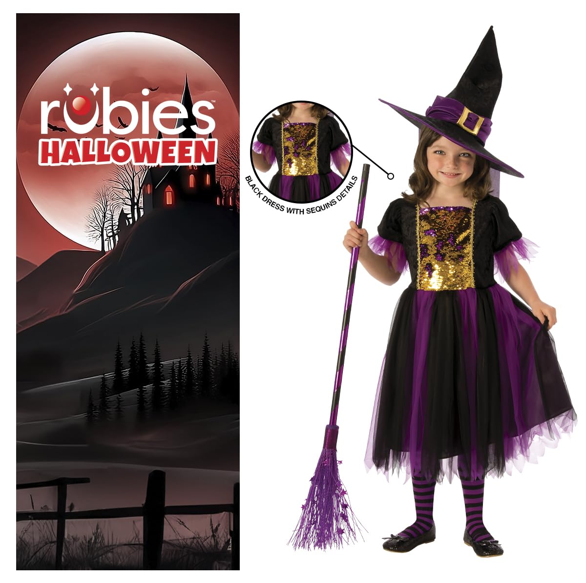 Rubies Costume Strega Magico per bambina, Vestito viola e dorato e capello, Ufficiale, Stregas, Witches per Feste e Cosplay