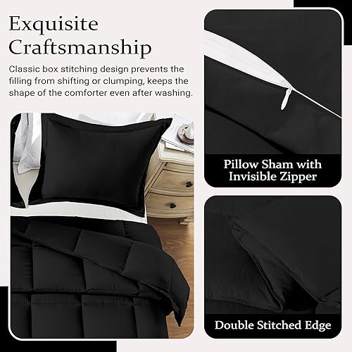 Miniatura 4 de Juego de edredón negro tamaño Queen, juego de edredón de cama alternativo de plumón de 3 piezas, edredón negro Queen (88 x 92 pulgadas) con 2 fundas