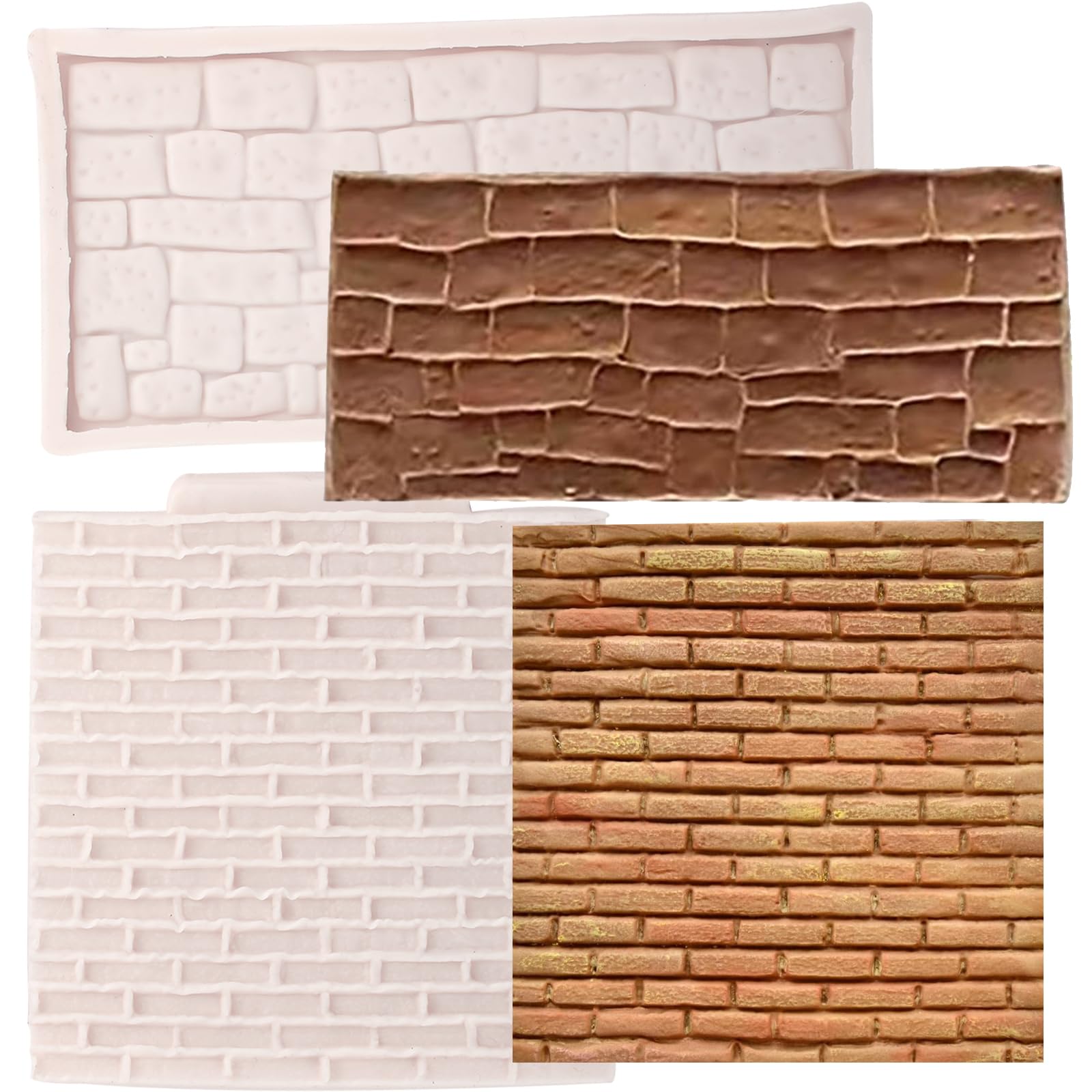 ICOCONG 2 Pcs Simulated Wall Tiles Fondant Impression Mat Mold,3D Stone Wall Tile Silicone Molds,for Weddings,Anniversary Cupcake Toppers,Chocolate,Candy,Sugar Craft,Plaster,Resin,Clay Projects