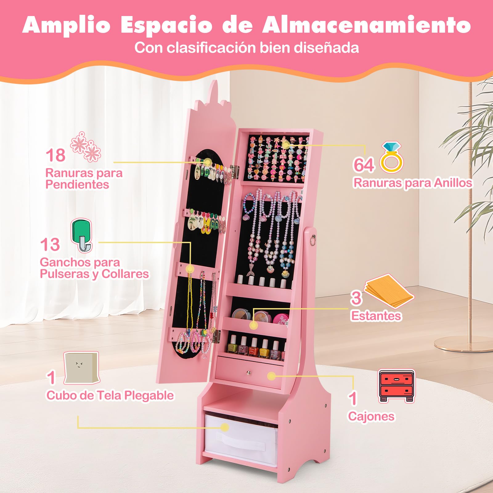 COSTWAY Armario para Joyas para Niños, Unicornio Espejo Joyero de Cuerpo Entero con Almacenamiento y 2 Ángulos Inclinados, Espejo de Vanidad con Ganchos, Estantes y Cajones (Rosa)