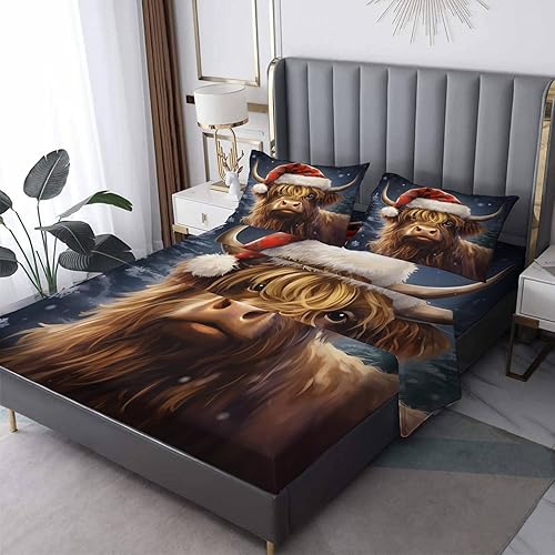 Highland Cow Sábanas tamaño individual  Sábanas de cama de animales de granja de Navidad, microfibra suave y bolsillo profundo, sábanas y fundas de