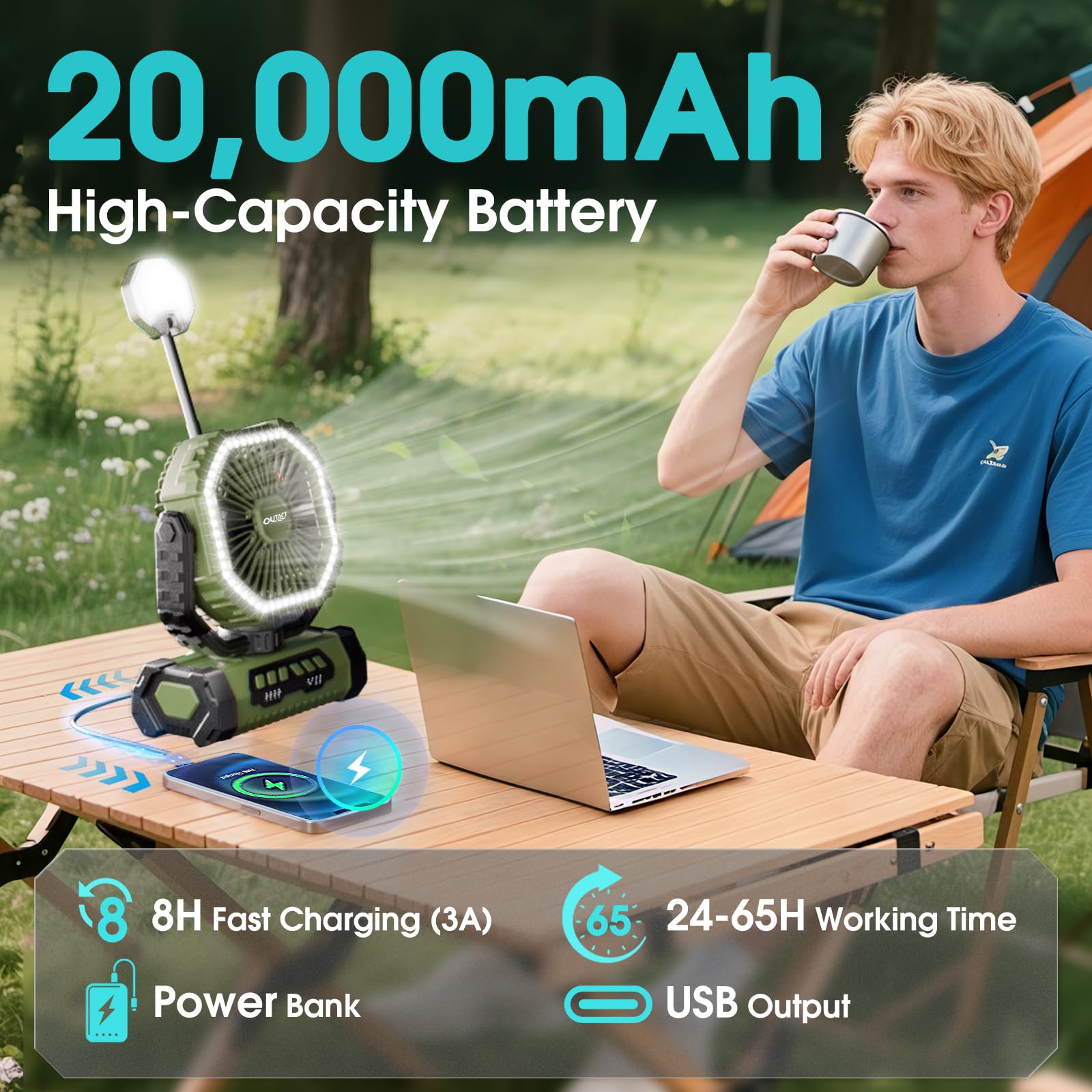 Camping Ventilator 20000mAh, Wiederaufladbarer Tischventilator USB Ventilator mit LED Licht & Haken, 270° Drehung mit Fernbedienung, Camping Fan für Indoor, Outdoor, Zelt, Grillen, Strand - Grün
