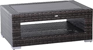 Outsunny Wicker Coffee Table with Height Adjustable Feet, 2 Tier Storage Shelf, Rattan Wicker Patio Table with Deluxe Slat...