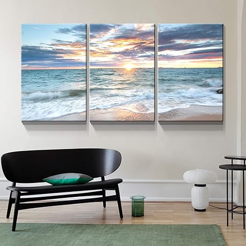 Miniatura 3 de Denozer - Lienzo decorativo de 3 paneles para decoración del hogar, mar azul, puesta de sol y playa, pintura blanca, impresión sobre lienzo, paisaje