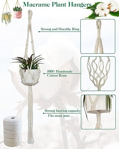Miniatura 4 de GROWINGGAIR - Paquete de 5 perchas de macramé para plantas, hechas a mano, de algodón, con 10 ganchos, soporte para macetas, cuentas de madera,