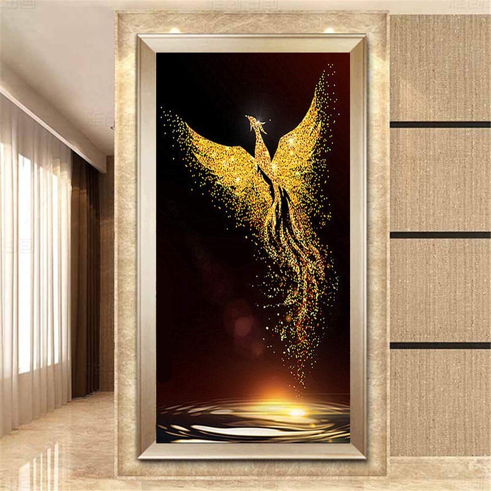 DIY 5D Golden Phoenix Diamond Painting per adulti, punta piena di strass, per decorazione della casa (60 x 120 cm)