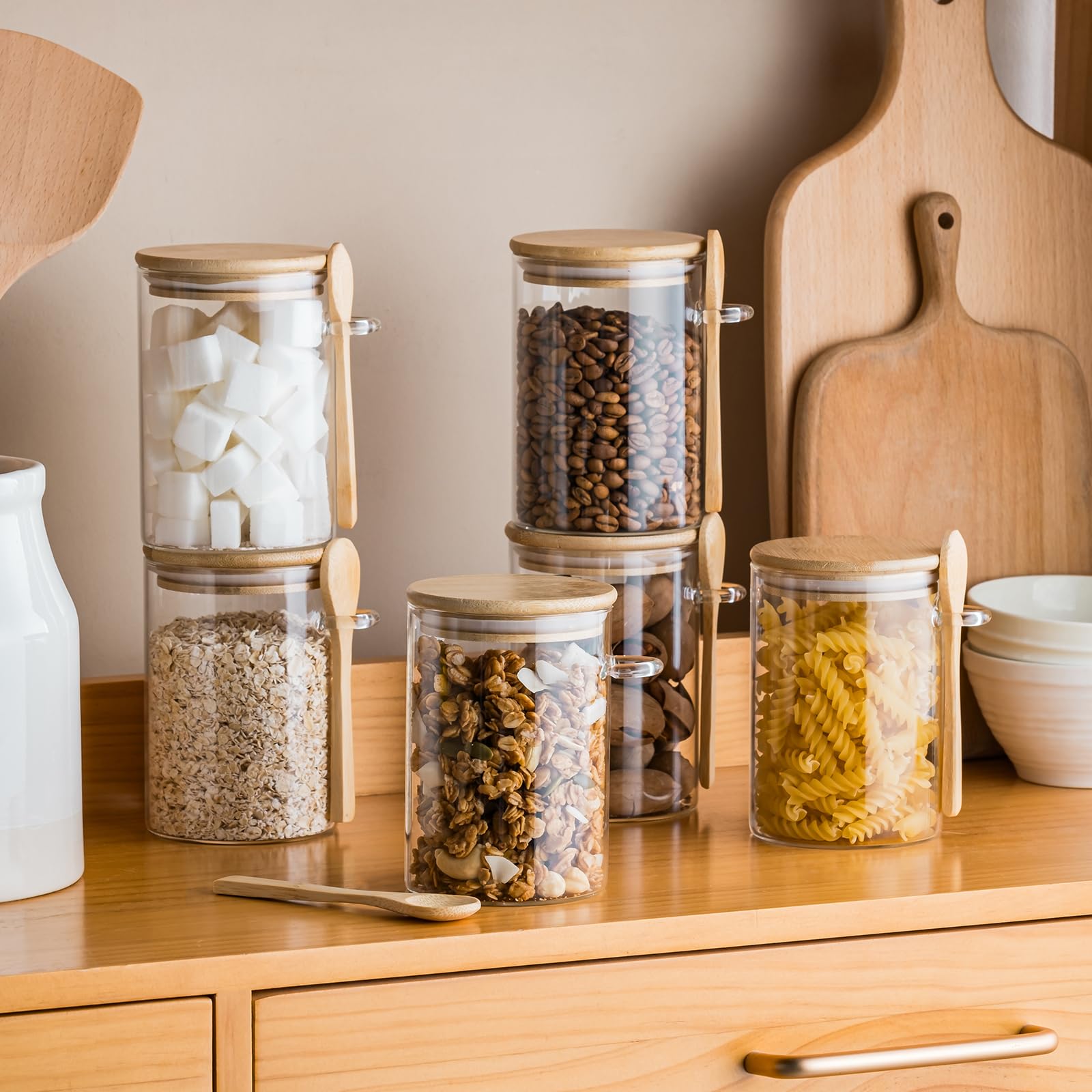 Paquete de 6 tarros de vidrio de 16 onzas con tapas y cucharas de bambú, recipiente de avena durante la noche, recipientes de vidrio para yogur, ensalada, azúcar, avena, cereales 6