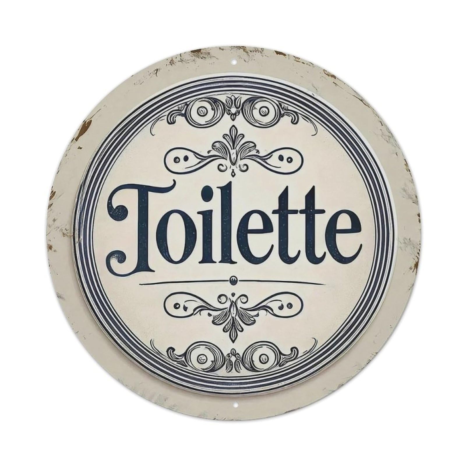 Circular Ornate Blue White Metal Tin Sign