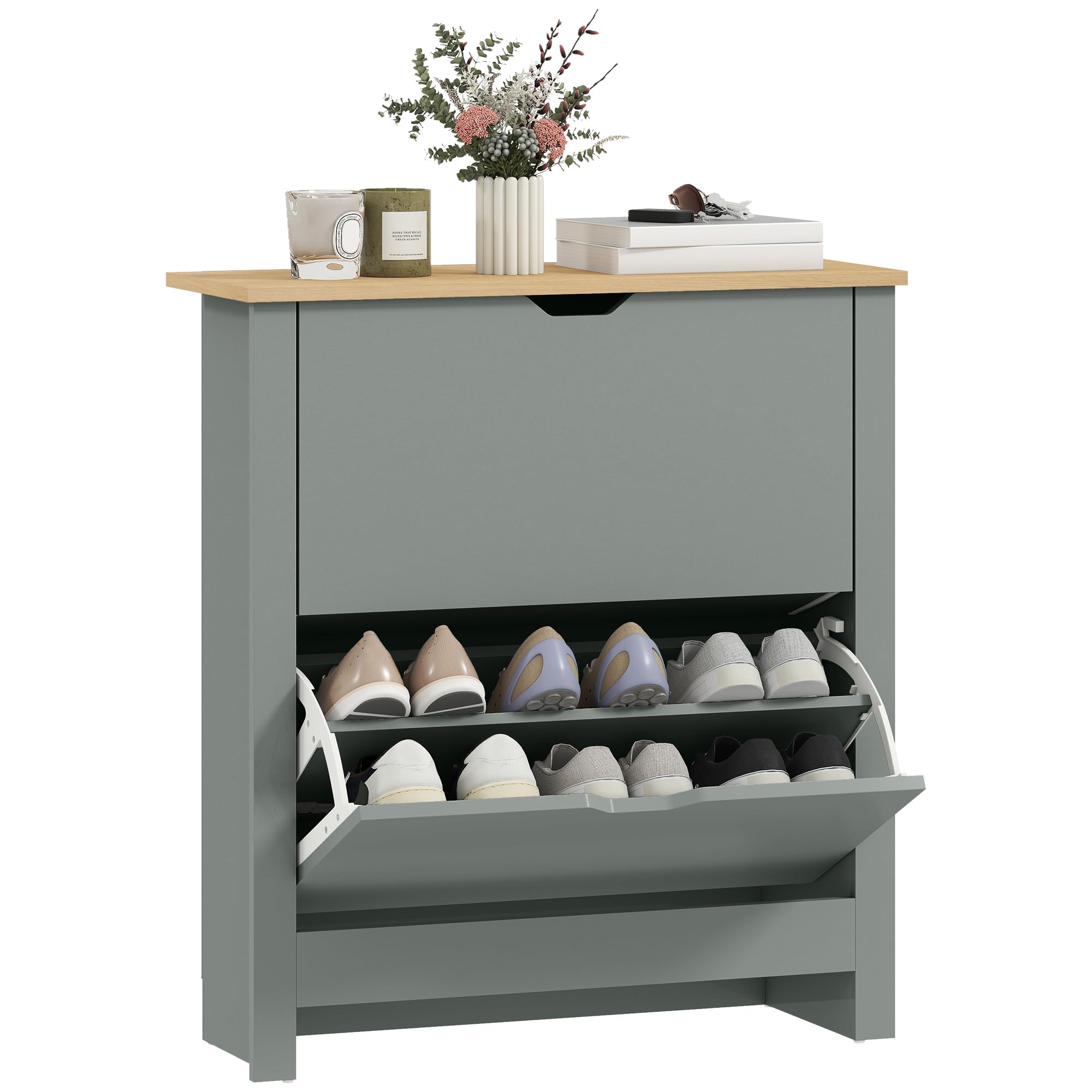 HOMCOM Shoe Cabinet Ultra Slim 2 Flip Drawers 6-12 Pairs Light Grey — image 1