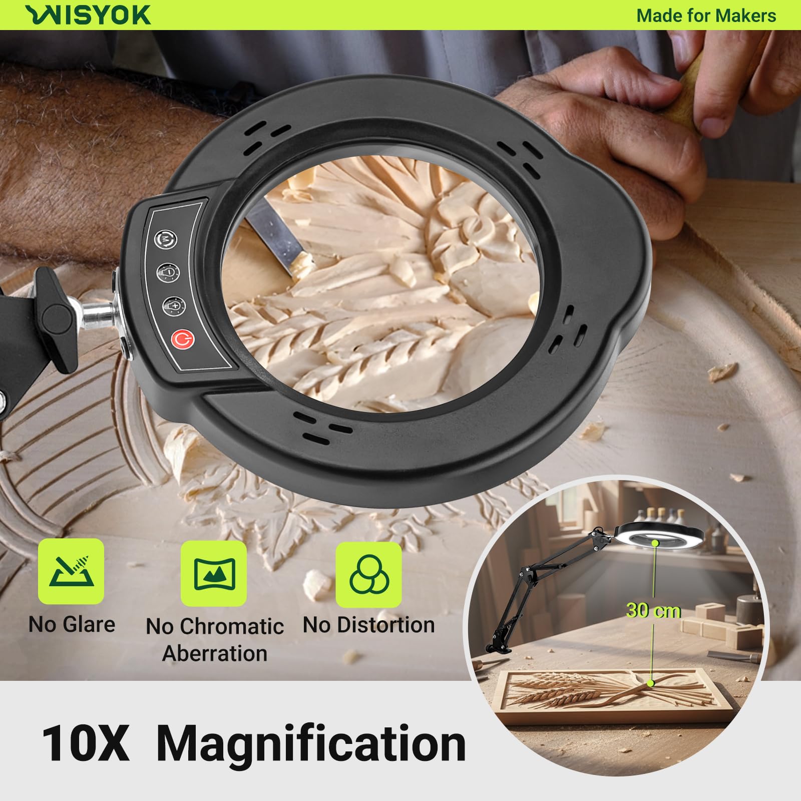 WISYOK Lupe mit Licht und Ständer, 10x LED Lupenleuchte mit Groß Schwenkarm, 5 Farbmodi 10 Stufenlos Dimmbare, 2in1 Lupenlampe mit Klemme und Basis, Leselupe für Senioren, Tischlupe, Sehbehinderte
