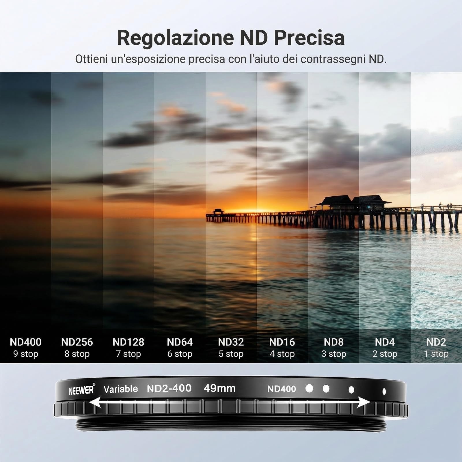 NEEWER 49mm Kit Filtro ND Variabile+CPL+UV (3pz), Filtri a Densità Neutra (ND2-400) Polarizzatore Circolare Multistrato per Lente Fotocamera, Set Accessori per Fotografia con Custodia e Copriobiettivo