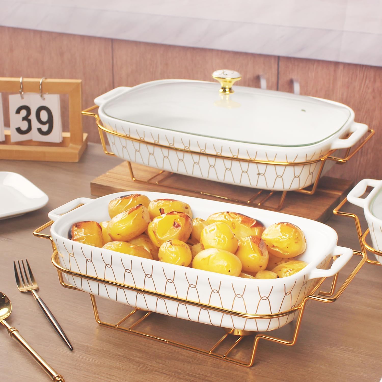 Cacerola Rectangular de Porcelana para Hornear con Tapa de Vidrio y Rejilla, Plato para Calentar Alimentos para bufé, Bandeja para conservar Alimentos, cazuela para Catering para f