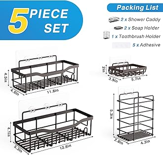 EUDELE 5-Pack Rustproof Stainless Steel Shower Caddy Set– No Drill Adhesive Bathroom Organizer, Space-Saving Shower Shelves for Apartment Essentials, Bathroom/Kitchen Storage Home Decor-L Size