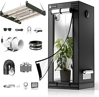 Pro Growzelt Komplettset mit 120W LED Pflanzenlampe 1680D Growzelt 60x60x180cm und Rohrventilator 100mm Set Transparente Schicht Design Indoor Grow Zelt Komplett Set für Hydrokulturen