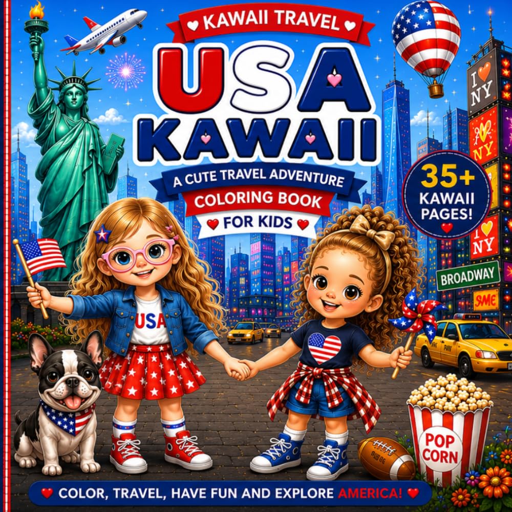 USA Kawaii: A Cute Travel Adventure Coloring Book for Kids (kawaii travel Adventures)