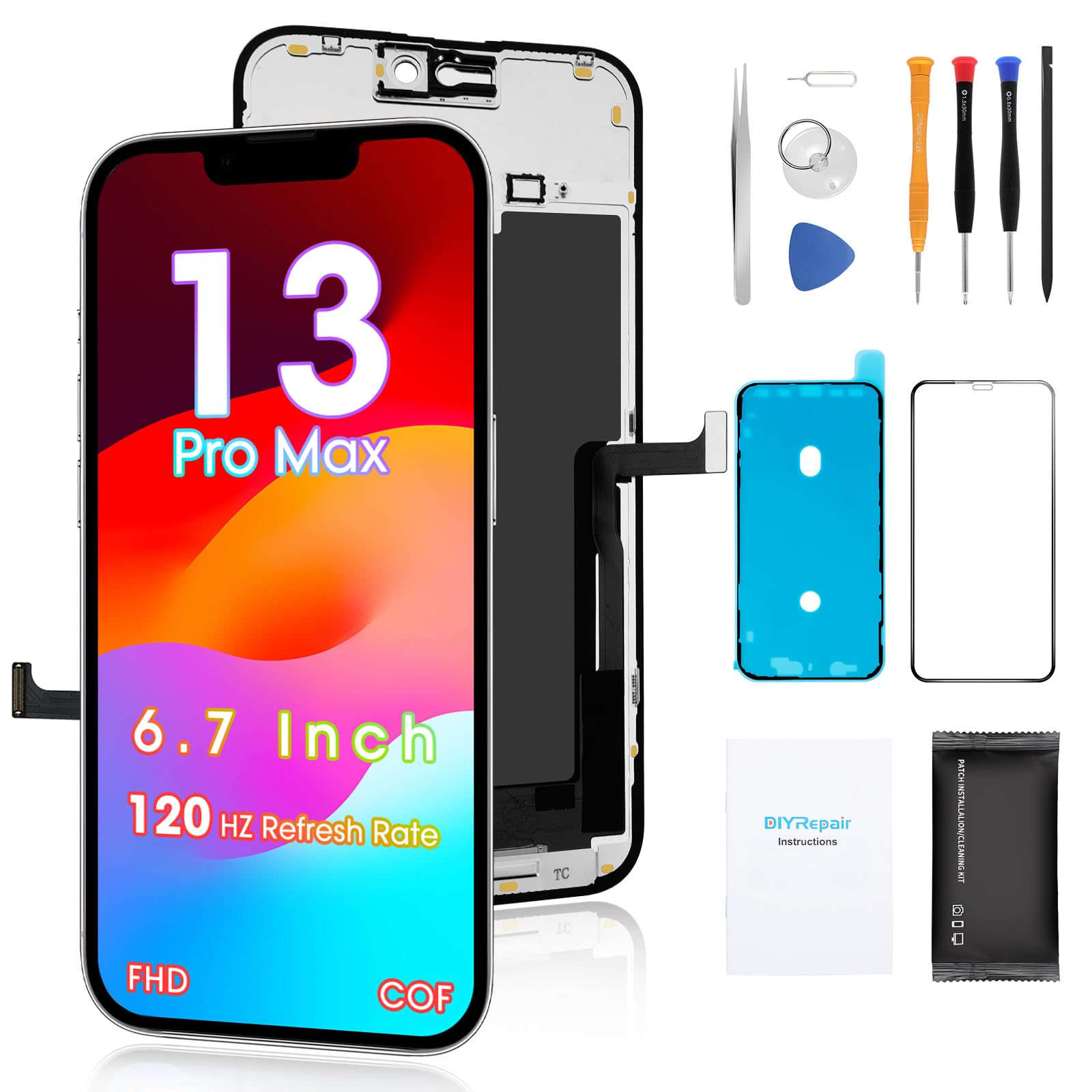 for iPhone 13 Pro Max 6.7′ Screen Replacement, 3D Touch COF FHD Display Full Repair kit, Digitizer Glass Assembly with Tools Set,