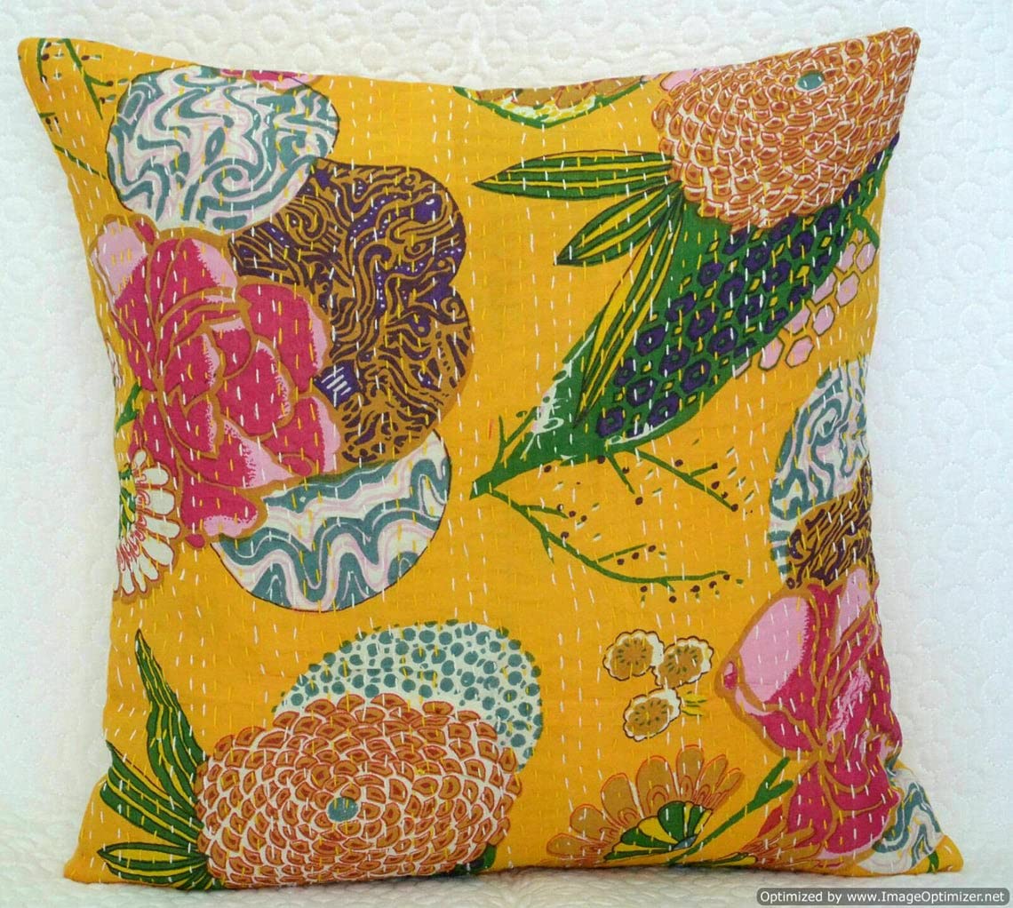 Estationeryhouse Yellow Hand Stitched Vintage Kantha Cushion Cover | Indian Cushion Cover | Boho Cushion | Throw Pillow (Yellow)