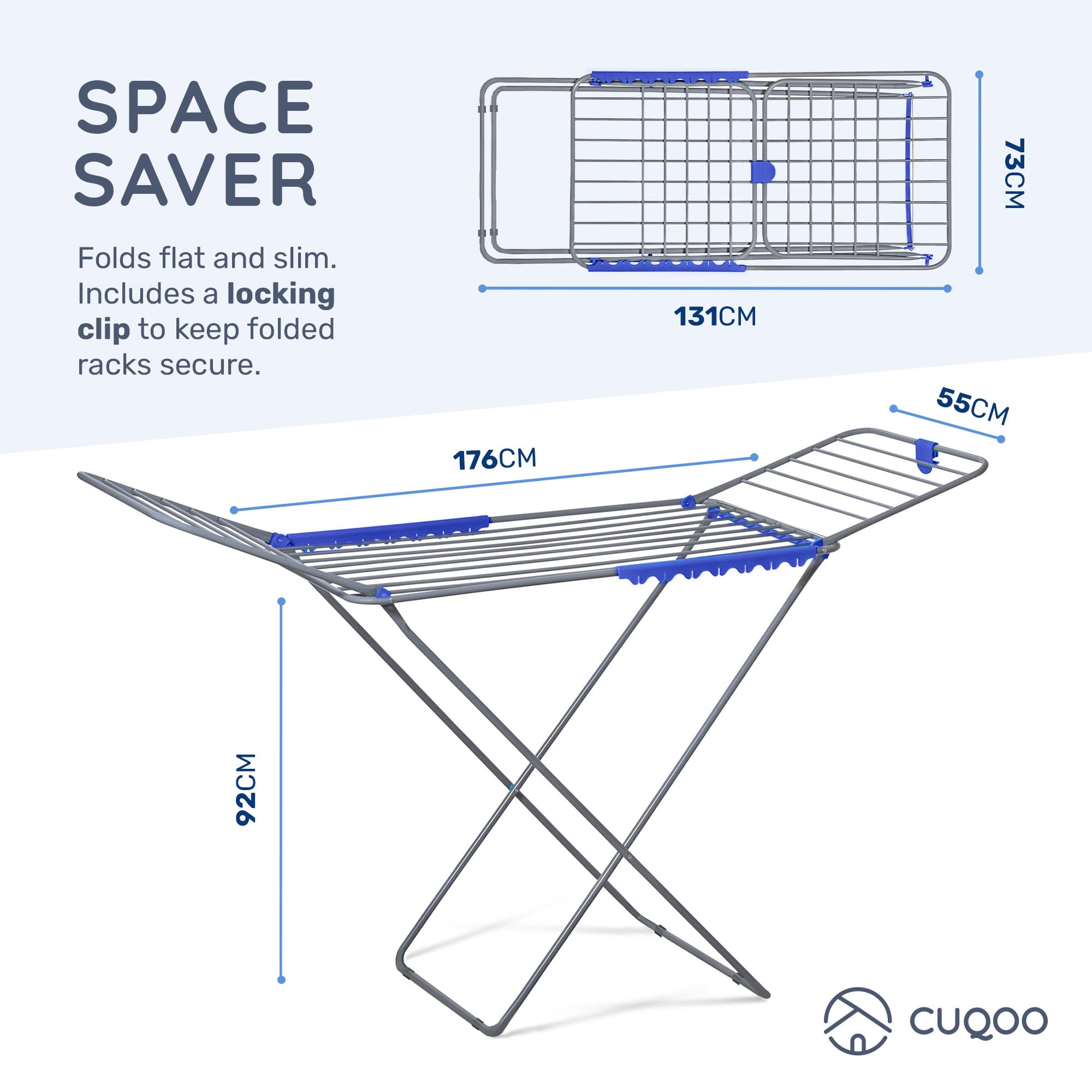 CUQOO Premium Foldable Clothes Airer – Heavy Duty Stainless Steel Indoor & Outdoor Drying Rack with 22 Bars, Winged Laundry Clothes Horse for Washing, Large Folding Laundry Dryer Stand