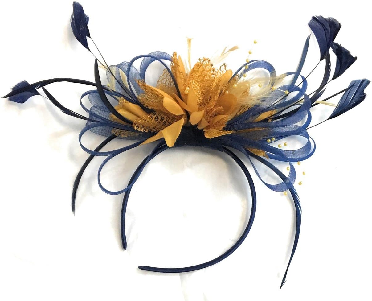 Navy Blue & Mustard Yellow Fascinator on Headband AliceBand UK Wedding Ascot Races Loop