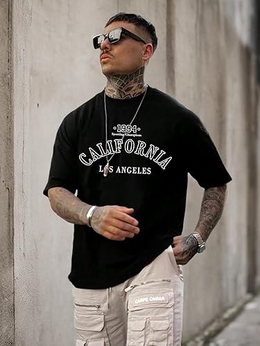 Miniatura 5 de GORGLITTER Camiseta de manga corta con cuello redondo para hombre, casual, hombros caídos, camiseta de gran tamaño