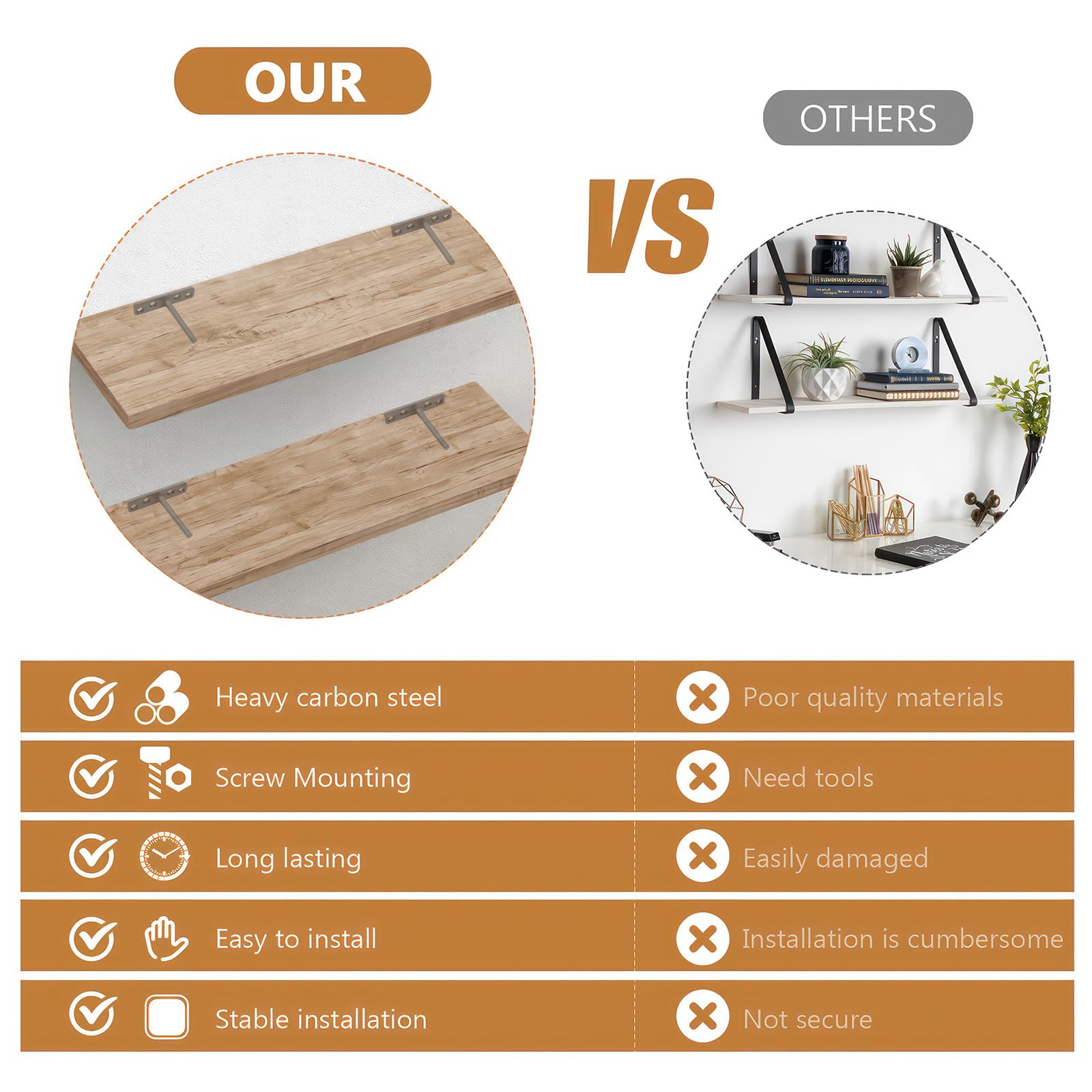 OUZHOU 4 Pcs Floating Shelf Bracket, Hidden Shelf Brackets 6 Inch Solid Steel Shelf Support - Image 3