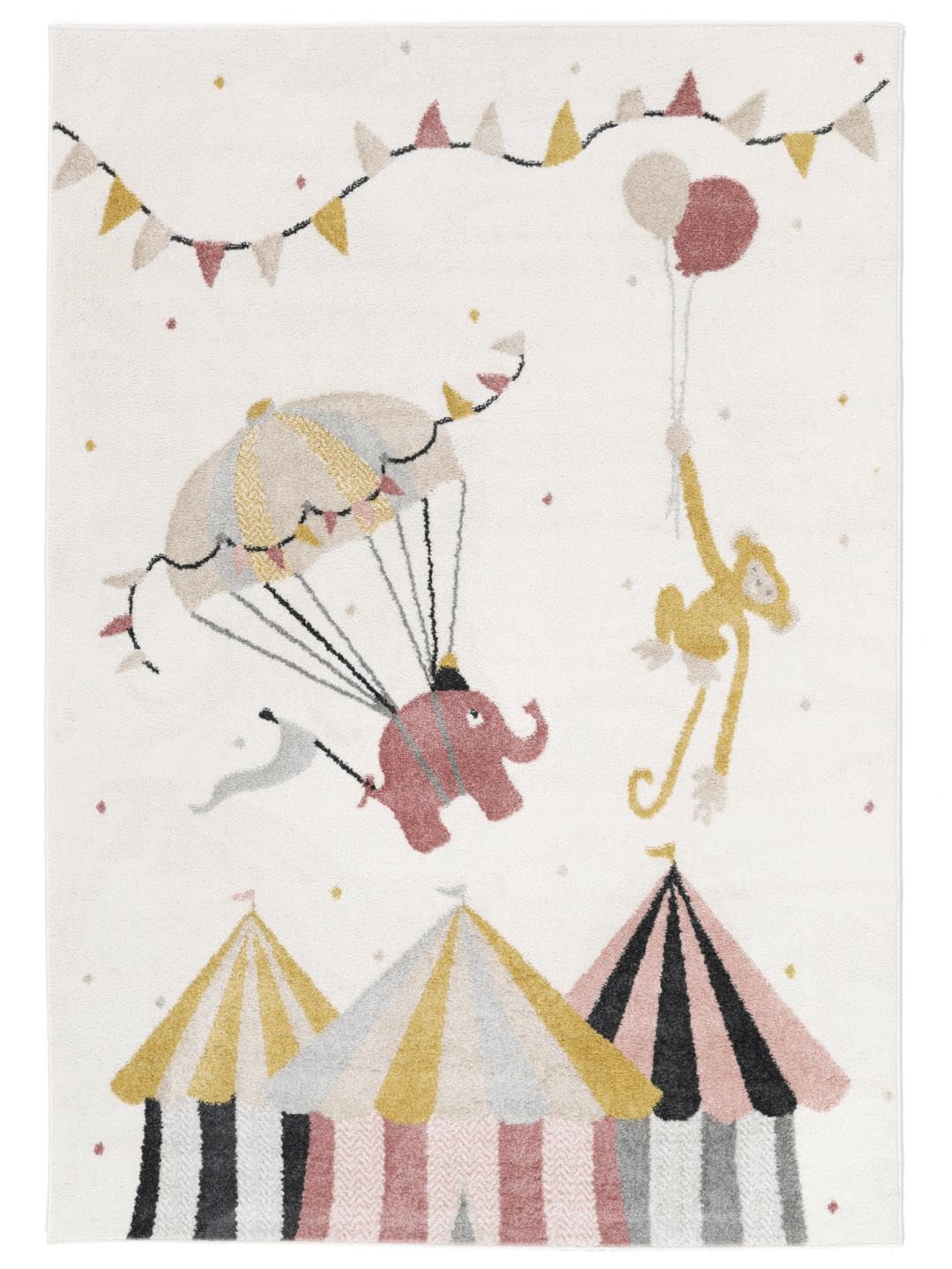 RugVista Monkey Circus, Tappeto per bambini, Moderni, 140 x 200 cm, Rettangolare, Pelo medio, Cameretta, Lavabile solo a secco, Senza sostanze chimiche pericolose, Rosa/Off Bianco