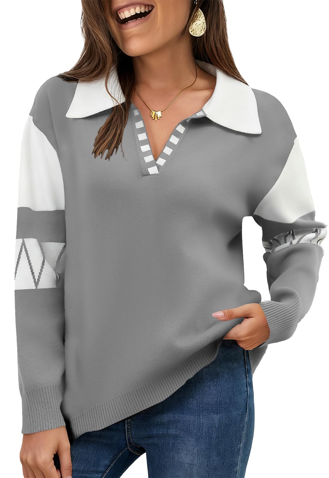 ANCAPELION Damen Strick Pullover Casual Stricken Sweater Lange Ärmel Pulli Patchwork Sweatshirt Elegante Jumper Reverspullover Lockere Tops Herbst und Winter Outwear für Frauen
