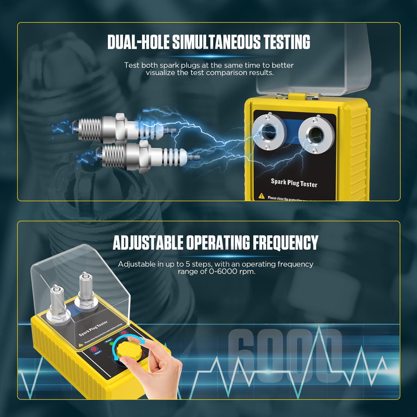 Tester per Candele Automobilistiche a Doppio Foro, BELEY Strumento Tester per Bobine di Accensione a Frequenza Regolabile 0-6000 giri/minuto & Coperchio Protettivo, per Auto e Moto a 12 V (Giallo)
