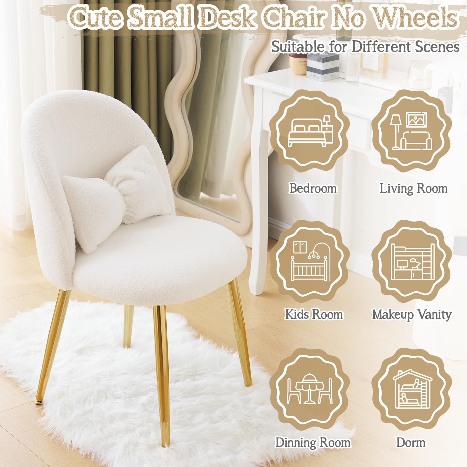 Bonnlo Silla de Maquillaje, Silla Tocador, Sillas de Comedor, Patas Doradas Ajustables y cojín con Lazo para Dormitorio, Sillón Salón para Tocador u Oficina en Casa (Tejido Teddy, Blanco)