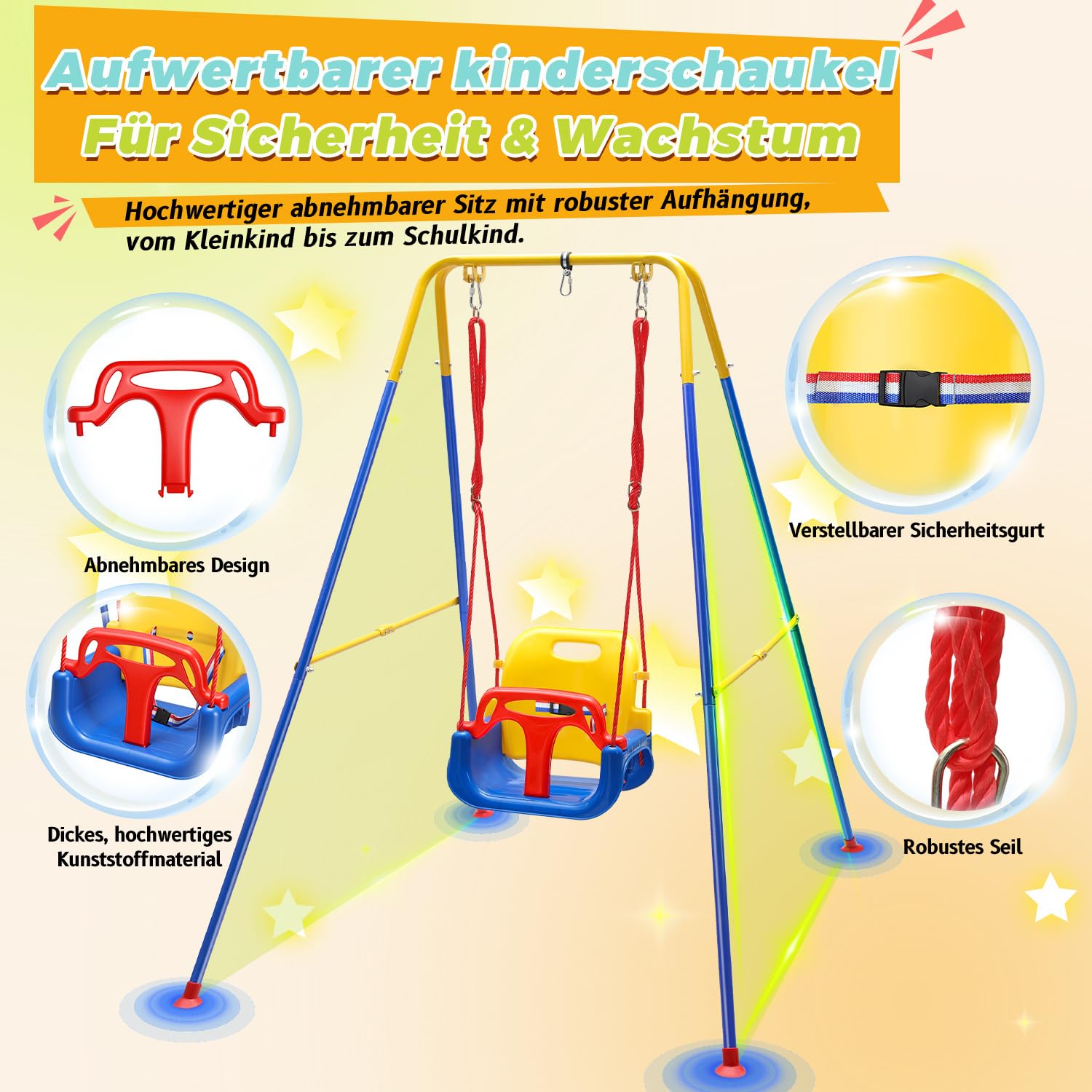Balançoire pour bébé 4 en 1 avec armature - Balançoire pour enfant - Avec ceinture de sécurité - Pliable et 4 sacs de sable - Pour l'intérieur et l'extérieur - Facile à monter