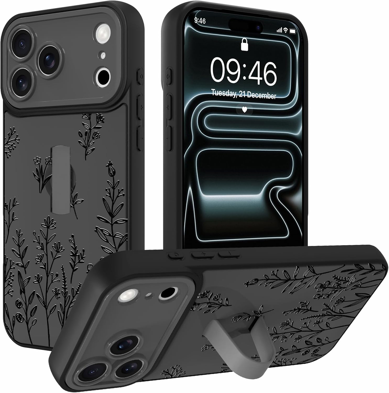 AIGOMARA Case Made for iPhone 17 Pro Max with Finger Strap Stand Cute White Flower Floral for Women Girls Soft TPU Bumper Hard PC Back Anti-Fall Shockproof Protective Slim Cover