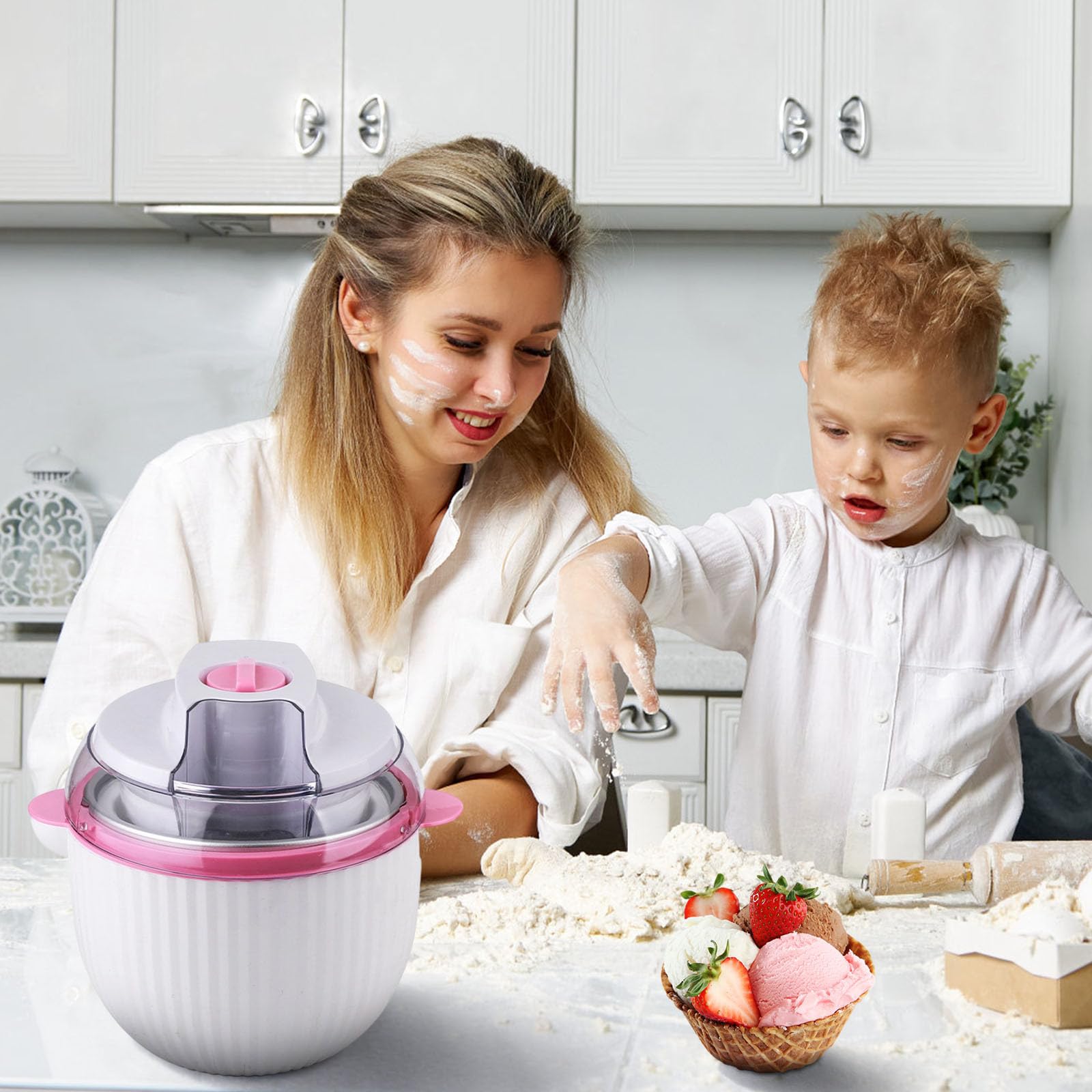 Soft-Serve-Eismaschine für Zuhause, 1L Automatischer Eiscremebereiter Mini, Tragbarer Frozen-Joghurt-Hersteller mit Dessertfunktion, Kompakte Küchenkleingeräte für Eiscreme und Sorbet (Rosa, A)