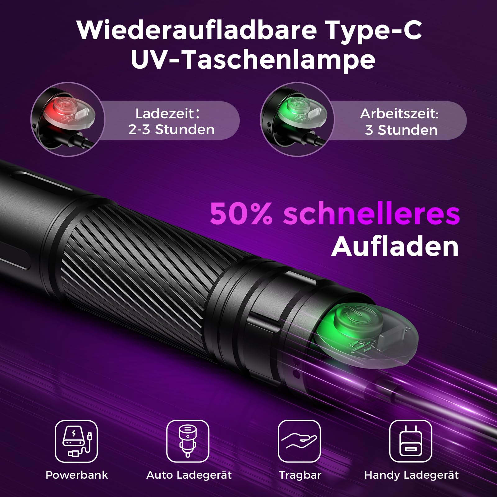 GEARLITE Torcia LED Luce Nera UV 395nm - Mini Ricaricabile 90g - Rilevatore Urine Animali E Documenti - Impermeabile IP65