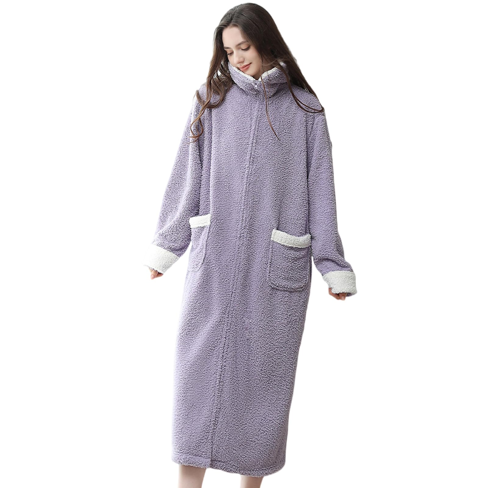 Batas de felpa con cuello delantero con, Purple L