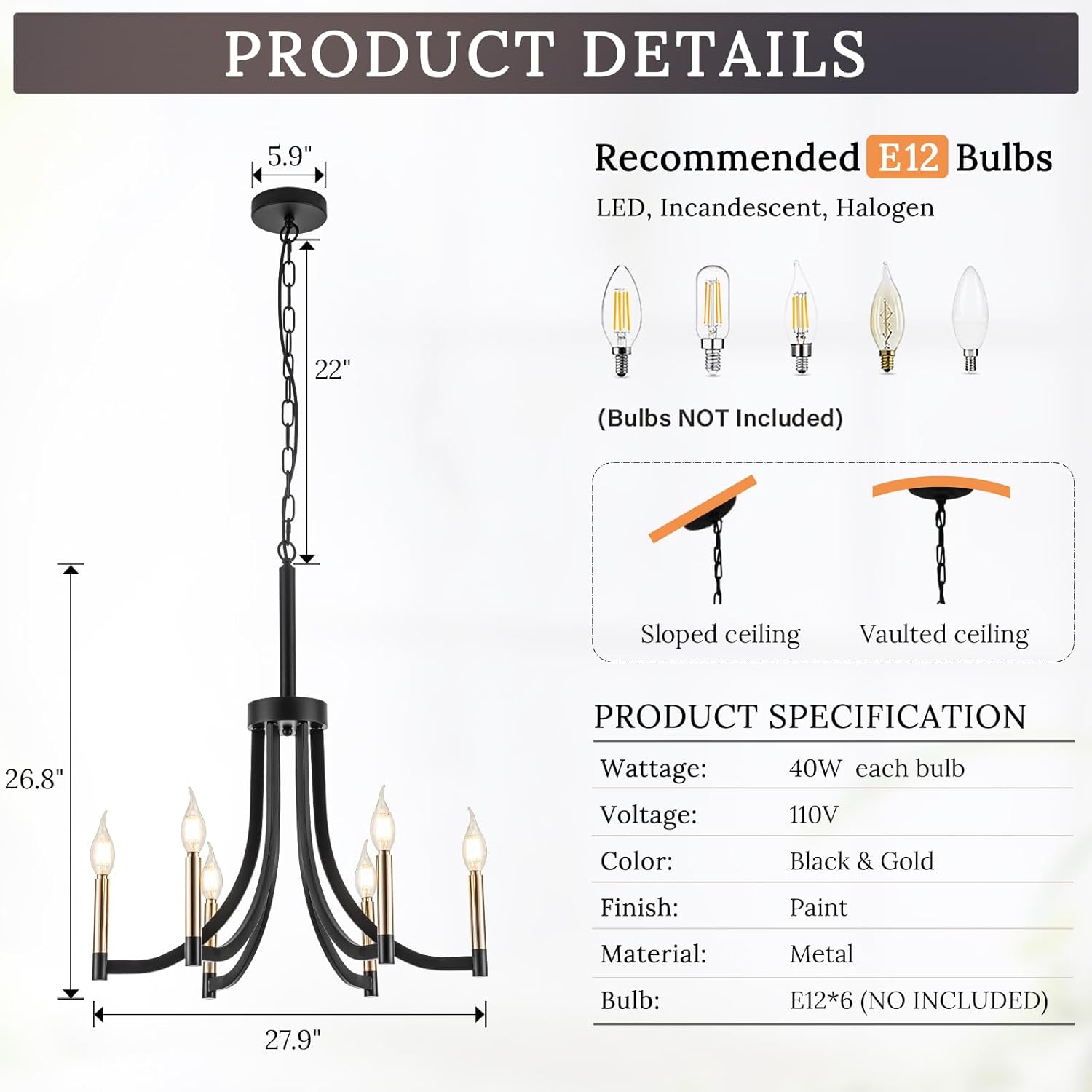 6-Light Modern Black and Gold Chandelier, 28" E12 Candle Farmhouse Ceiling Light for Dining Room Living Room Bedroom Entryway Foyer Kitchen