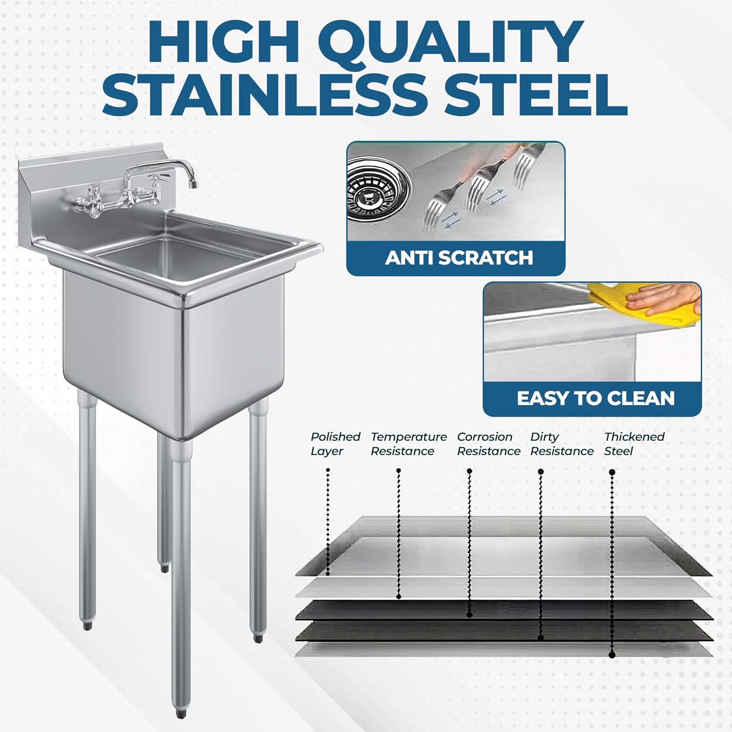Stainless Steel One Compartment Utility Mop Sink with Faucet – 24” x 24” Outside | 18” x 18” x 12” Bowl | NSF Certified | Laundry Room, Janitorial, Commercial Use