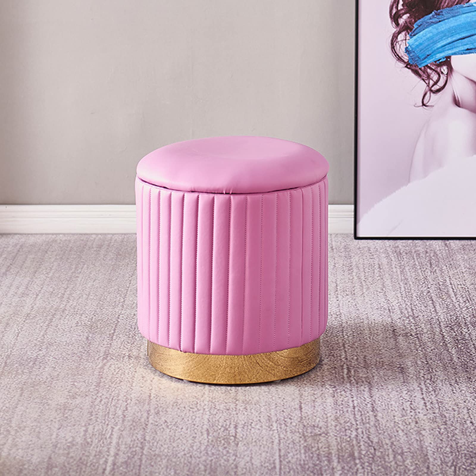 Tabouret rond avec base en acier doré et assise rembourrée haut de gamme à rayures