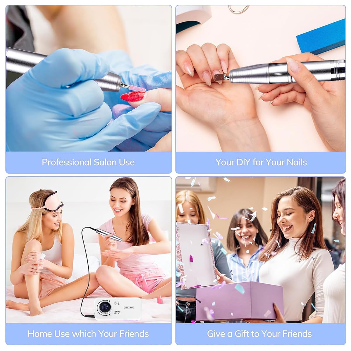 Torno para Uñas Profesional 45000 RPM, Torno Uñas Taladro Eléctrico Recargable con Pantalla LED, 10H Duración, Bajo Ruido,12 Puntas,para Uñas Acrílicas/Gel/Semipermanente