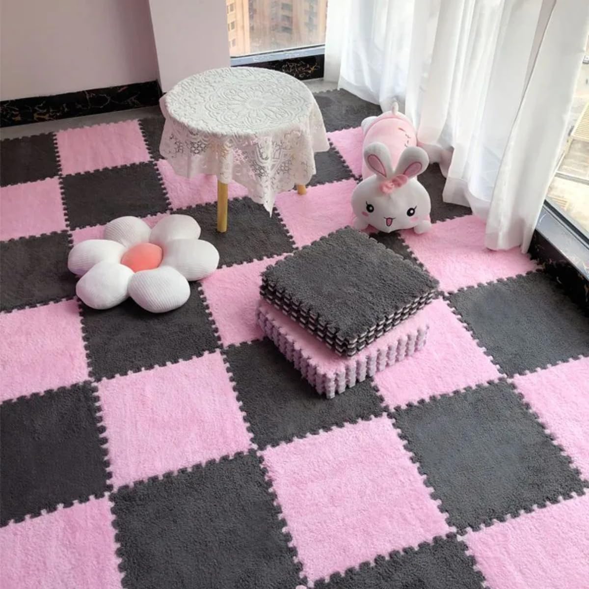10Pcs 30x30x1cm Plush Foam Puzzle Area Rug, Soft Interlocking Carpet Mats for Bedroom Nursery Playroom Gym Yoga,Cuttable Floor Mat (Grey Pink)