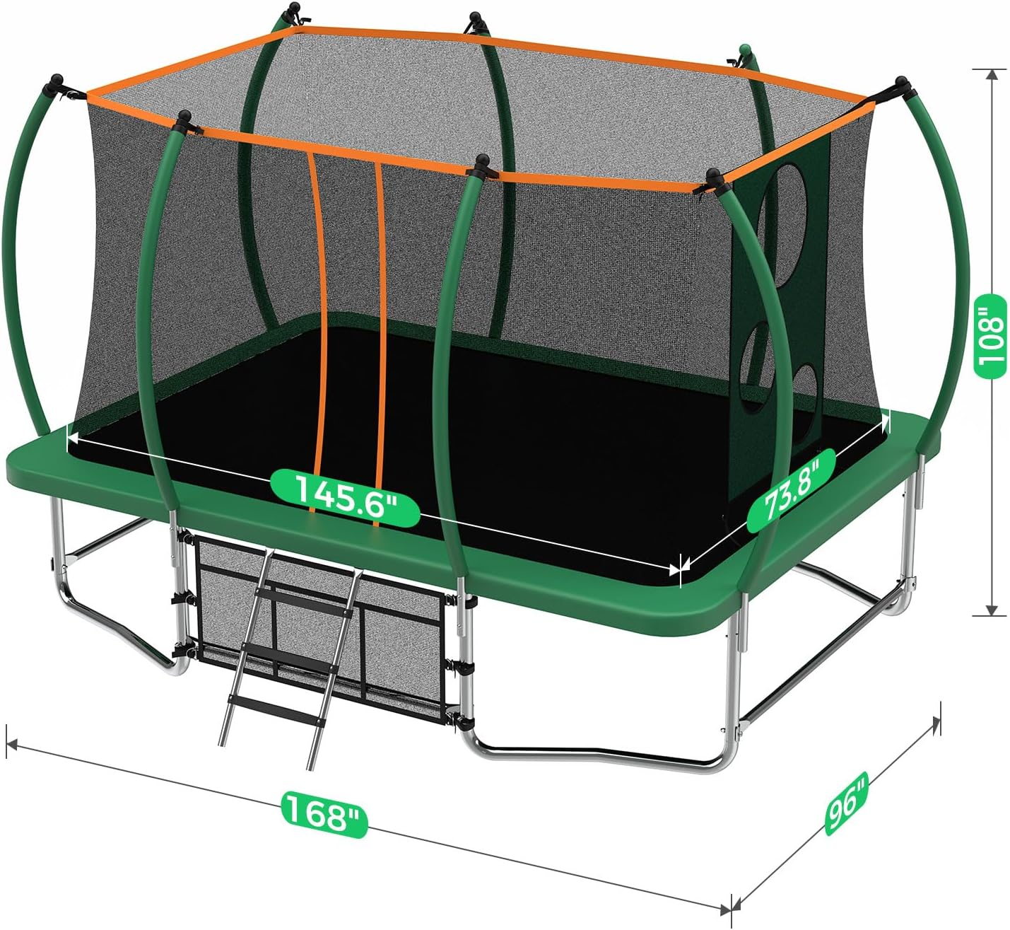 Lyromix 14FT & 16FT Outdoor Rectangle Trampoline for Kids & Adults, Curved Poles, Pumpkin Color, Light, Sprinkler, Soccer & Storage Bag