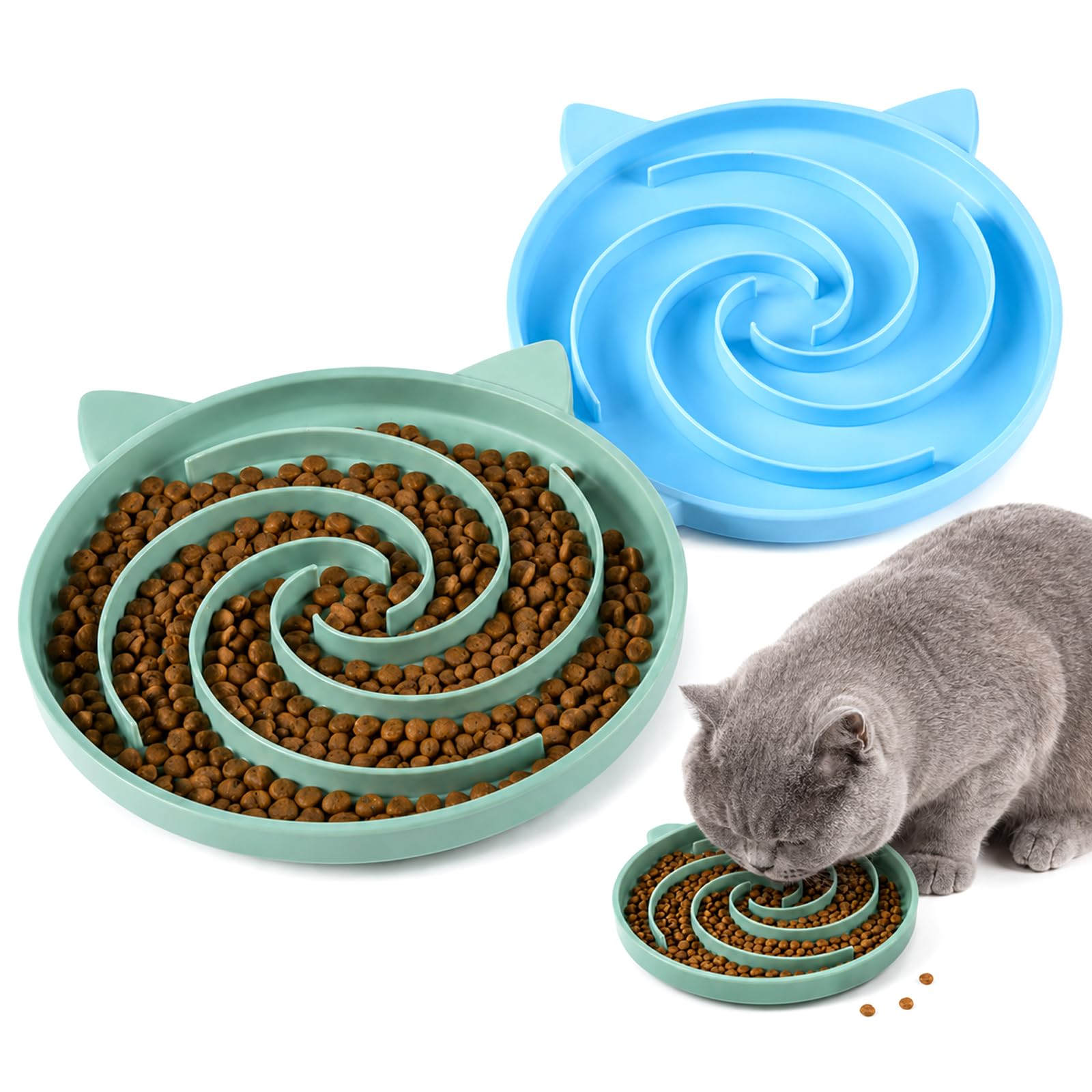Slow Feeder Cat Bowl, 2 Pack Cat Bowls, Silicone Bowls with Suction Base