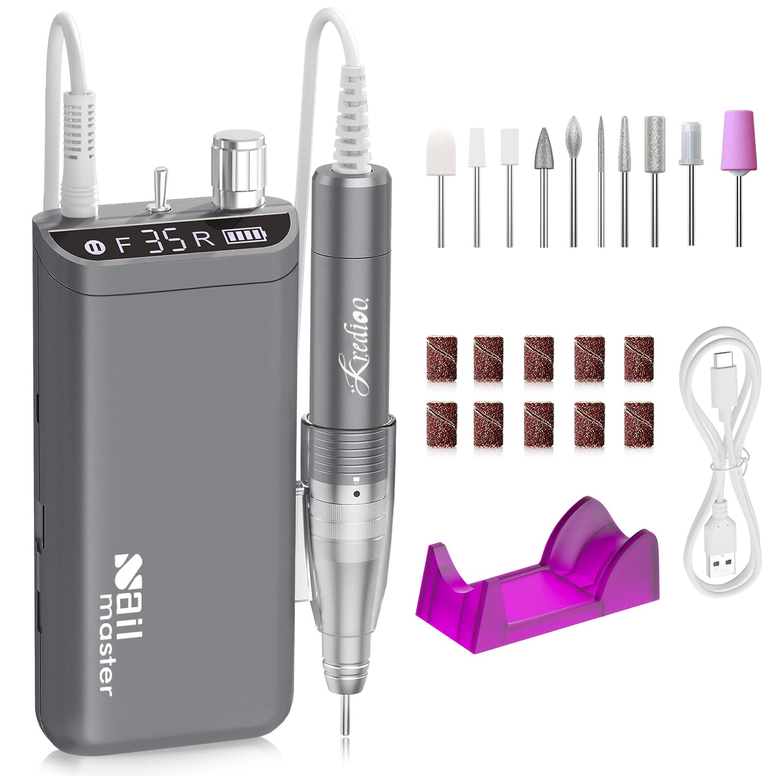 Kredioo 10 in 1 Nail Drill Kit, 35000RPM Rechargeable Electric E File, 8 Hours Battery, Manicure Pedicure Acrylic Gel Removal